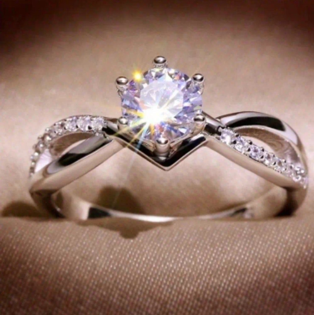 Solitare & Small Rhinestone Faux Silver Plate Size 10